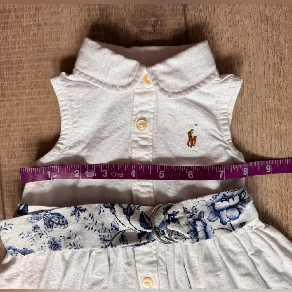 Ralph Lauren Baby White Dress with Blue Floral Belt Button Down Size 3 Months